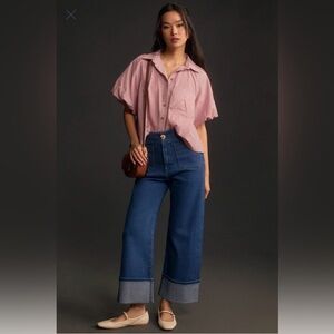 EUC ANTHRO Colette Denim Cuffed Wide Leg Jeans Dark Medium Wash Pocket Patch 28